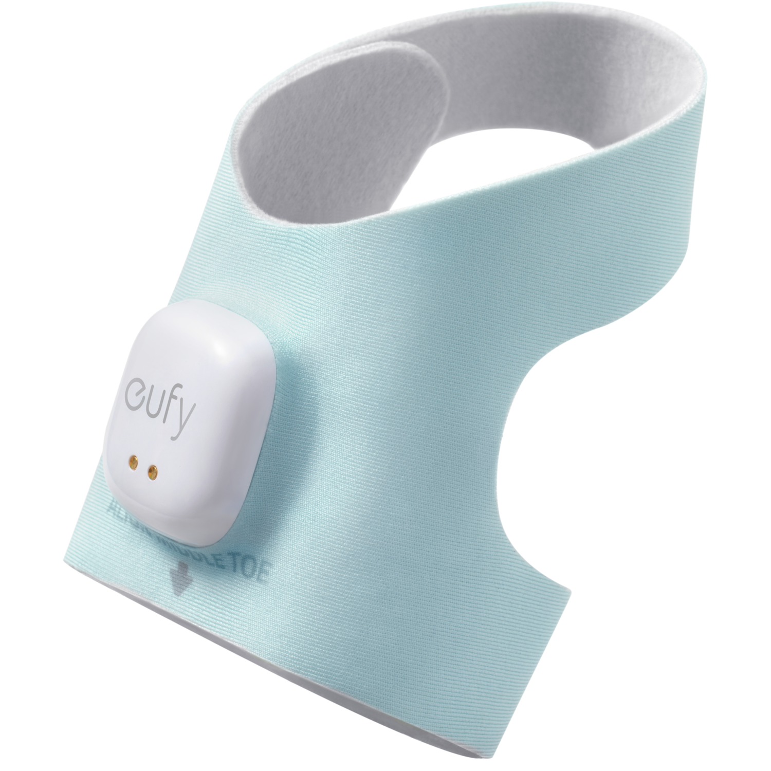 Een lichtblauwe enkelmonitor. Het heeft een witte sensor en een band met 'adjustable toe'.