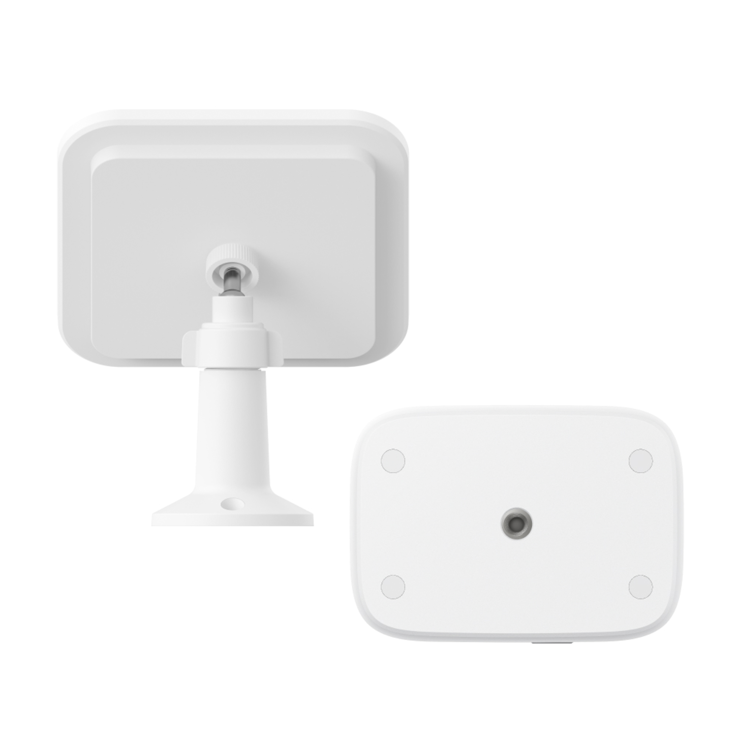 Two white security camera components are shown. One is mounted on a stand, the other is flat.