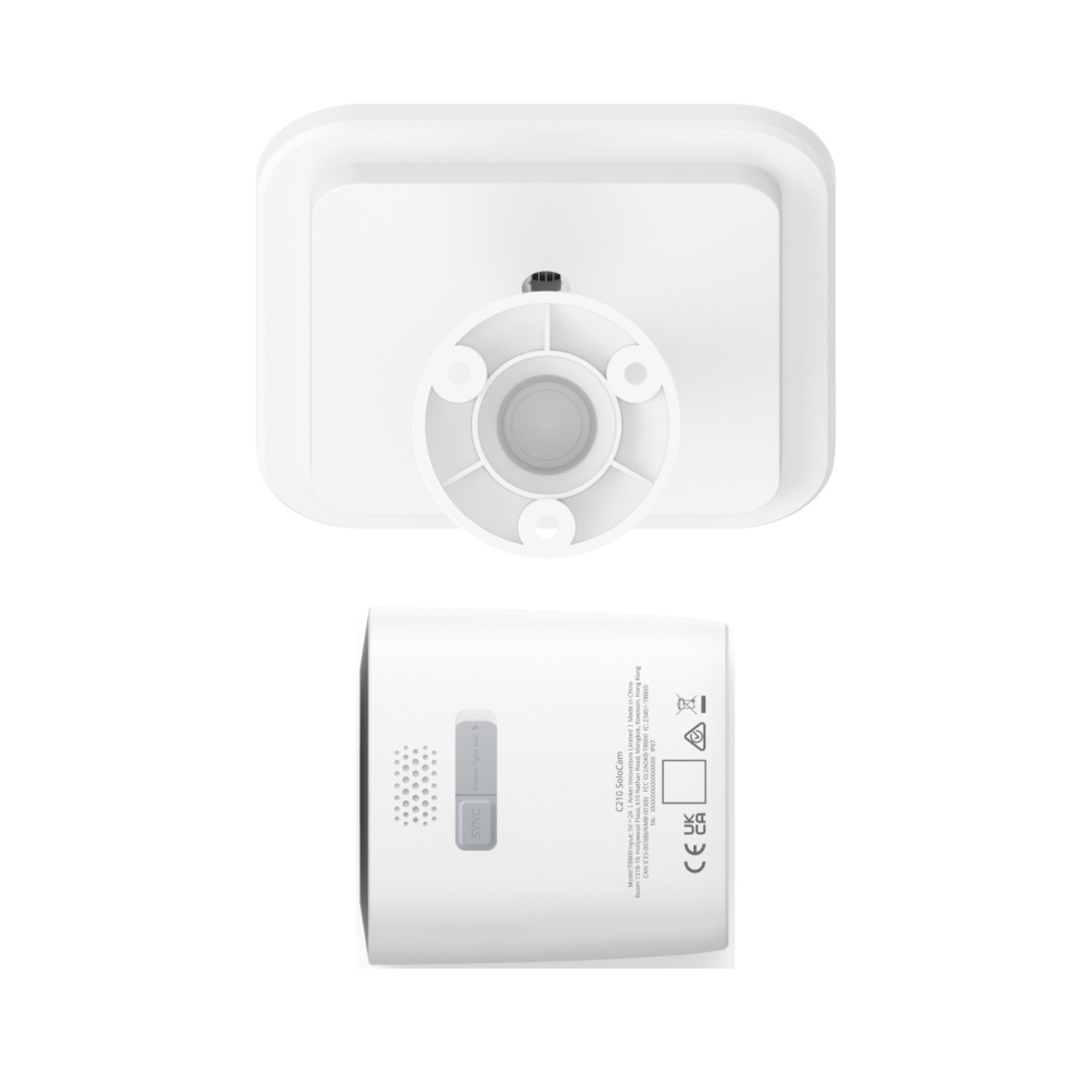 A top-down view of a white security camera with a mounting bracket.