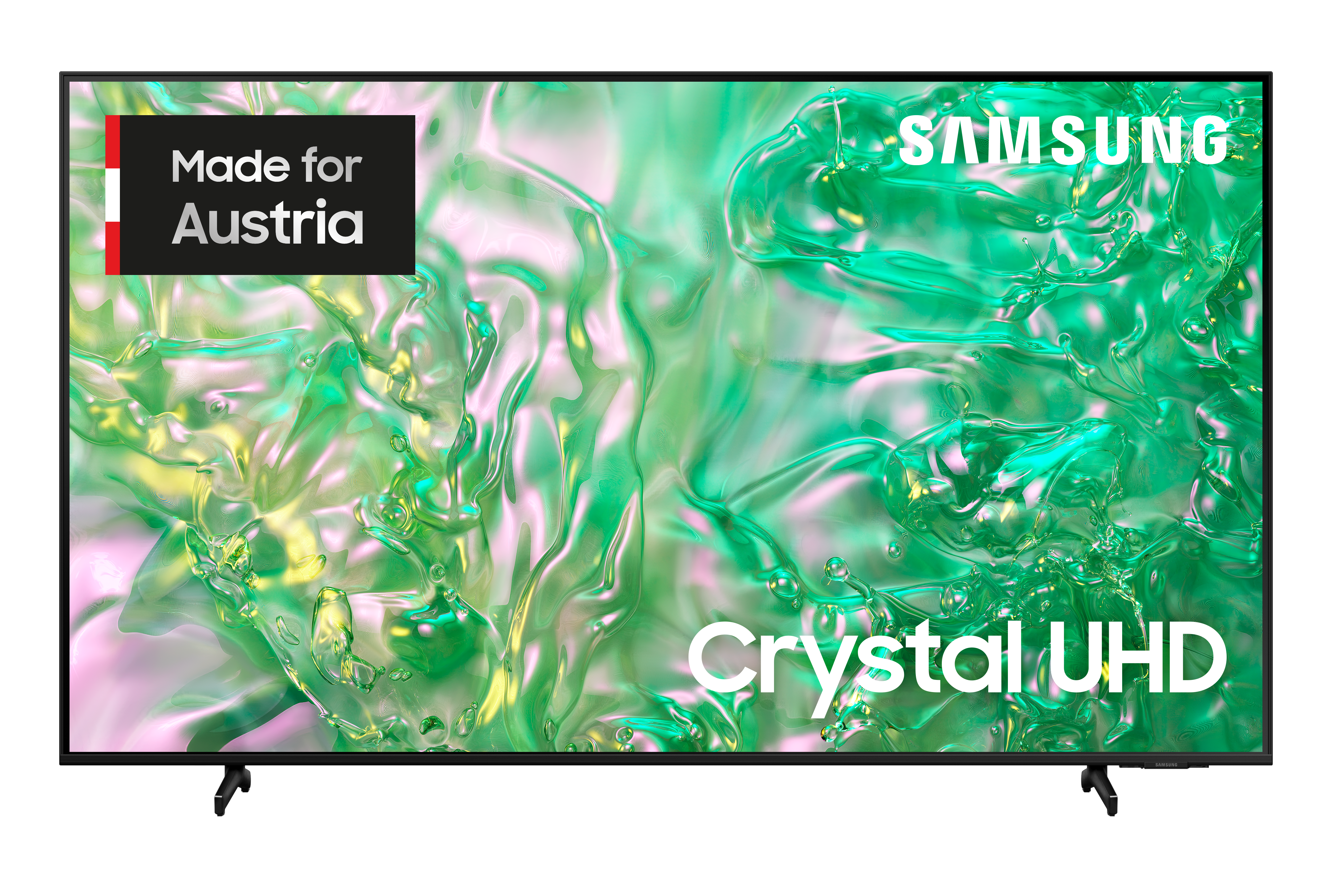 Ein schwarzer TV-Bildschirm. Der Fernseher hat einen weißen Rahmen. Der Text lautet 'Made for Austria' und 'Crystal UHD'.