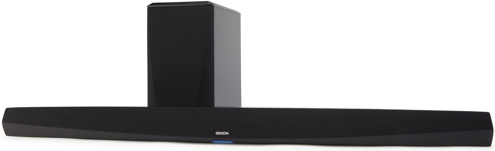 Czarny soundbar z subwooferem, oba na białym tle.
