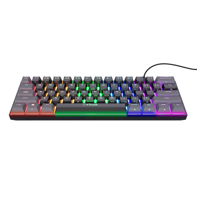 Teclado Trust GXT con iluminación RGB, negro, vista en ángulo.