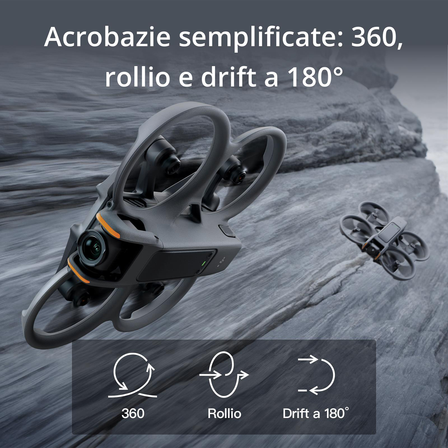 Due droni in volo, uno in primo piano, un altro sullo sfondo su una superficie rocciosa.