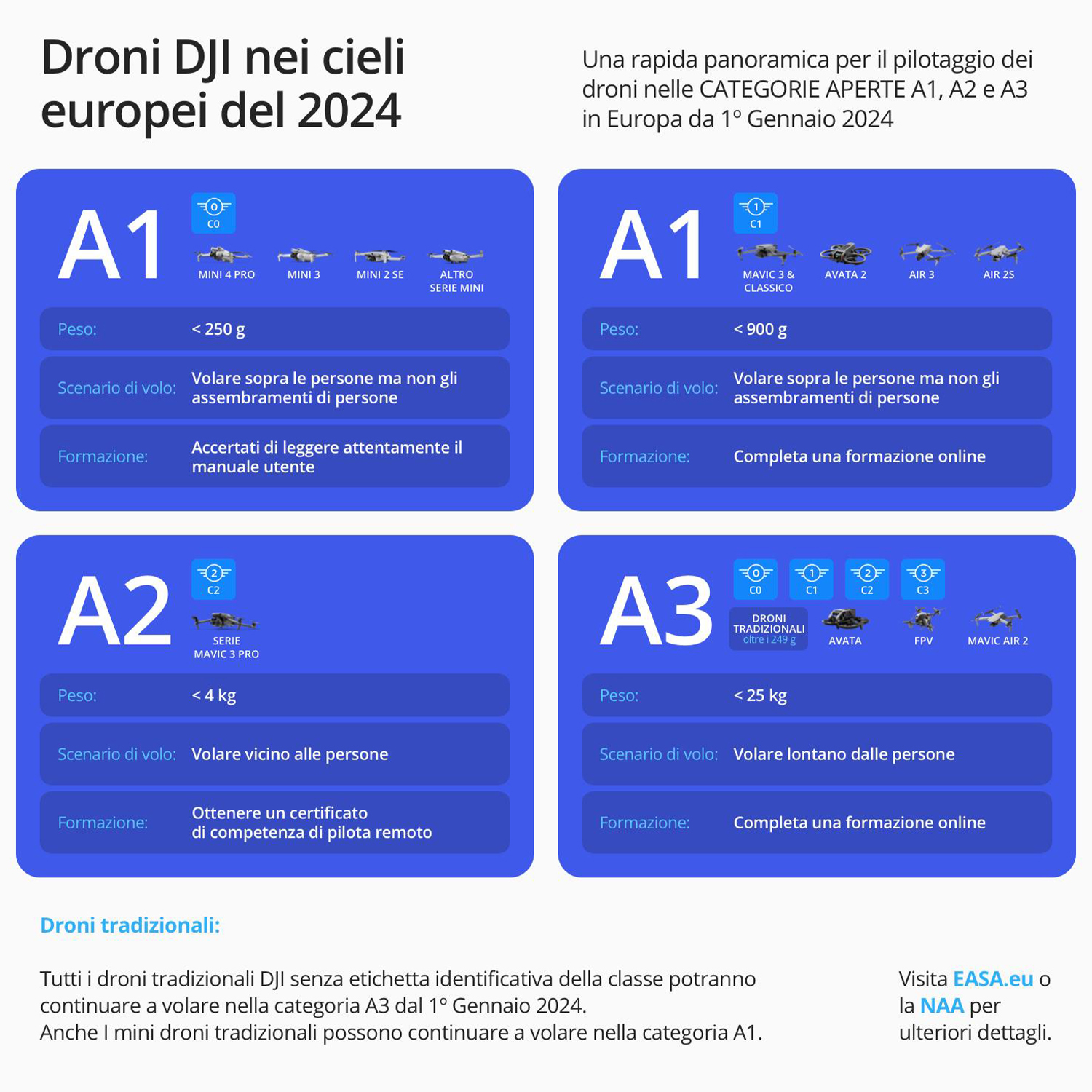 Infografica sulle normative sui droni in Europa, peso e scenari.