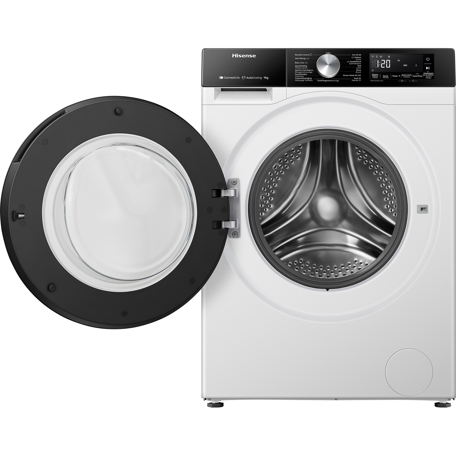 White washing machine with open door. Black door. Controls on top. White background.