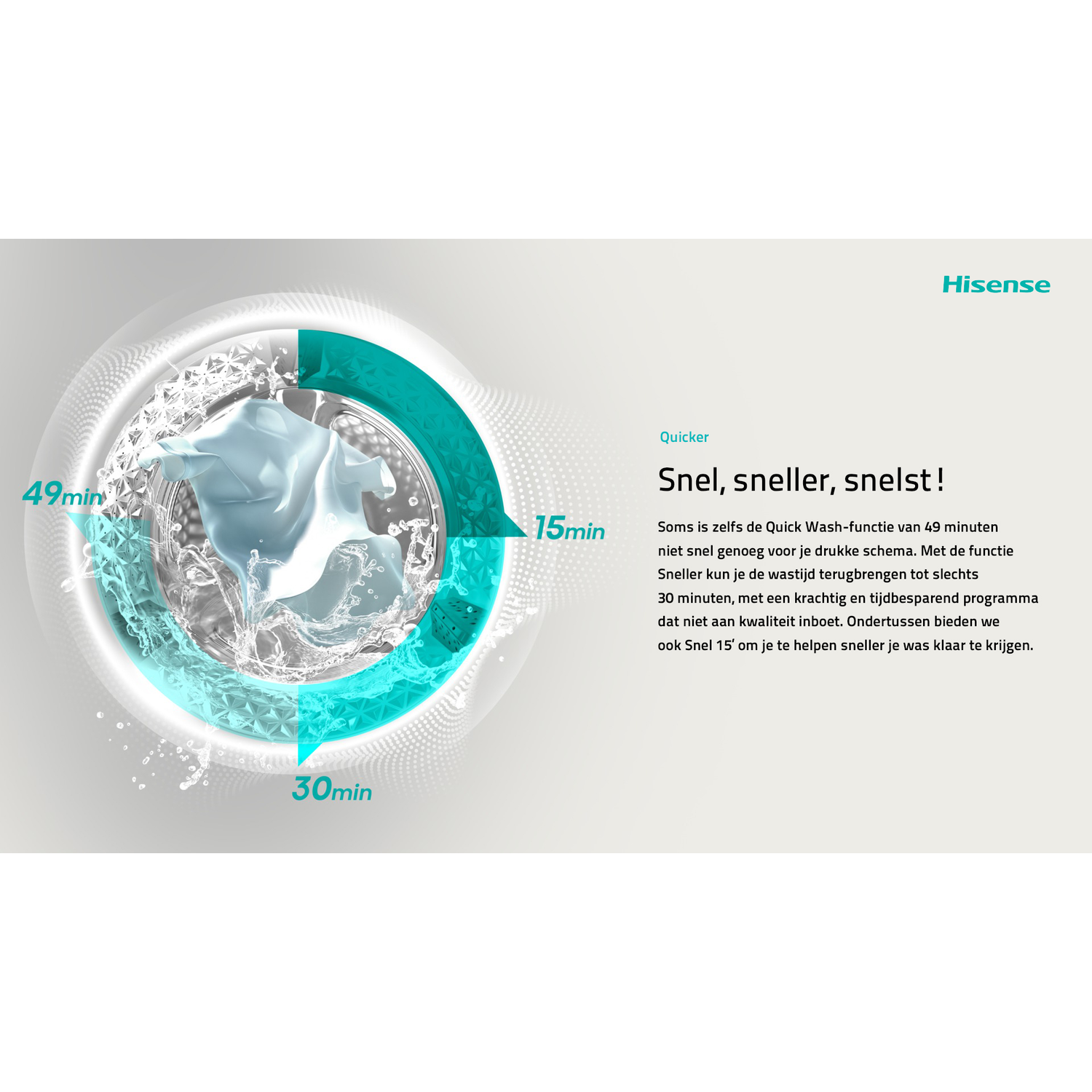 Laundry machine graphic with washing cycle times and the Hisense logo.