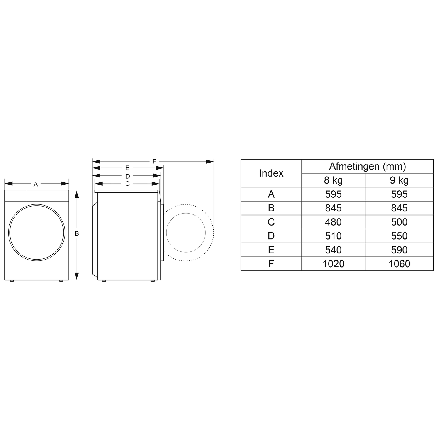 Diagram of a washing machine with dimensions in millimeters.