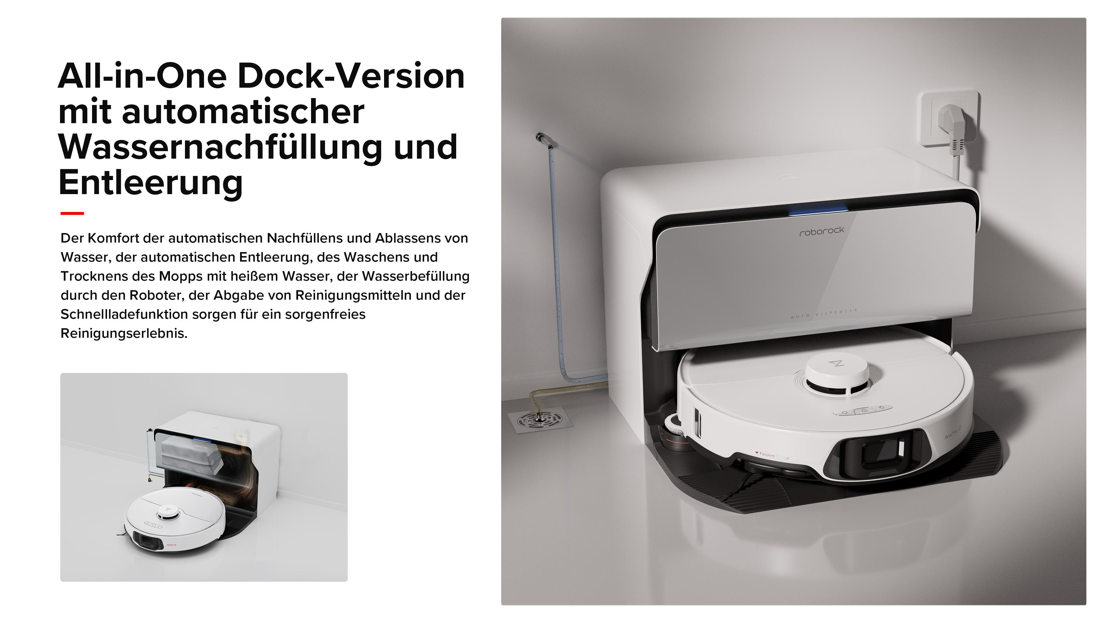 Ein weißer Roboter-Staubsauger befindet sich in einer weiß-schwarzen Dockingstation.