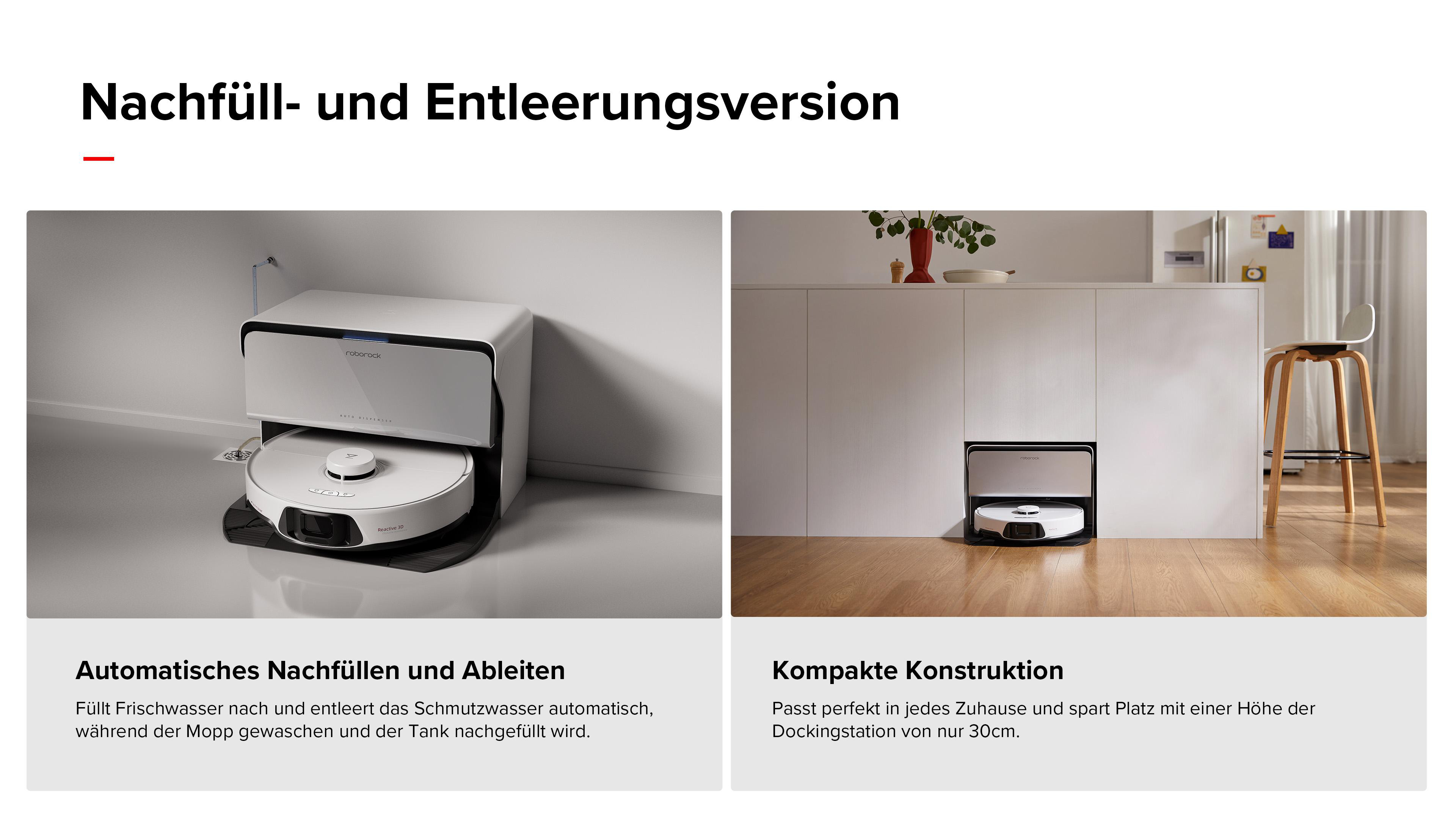 Zwei Bilder: ein Roboterstaubsauger und eine Dockingstation, die automatisches Wasserbefüllen/-entleeren veranschaulichen.