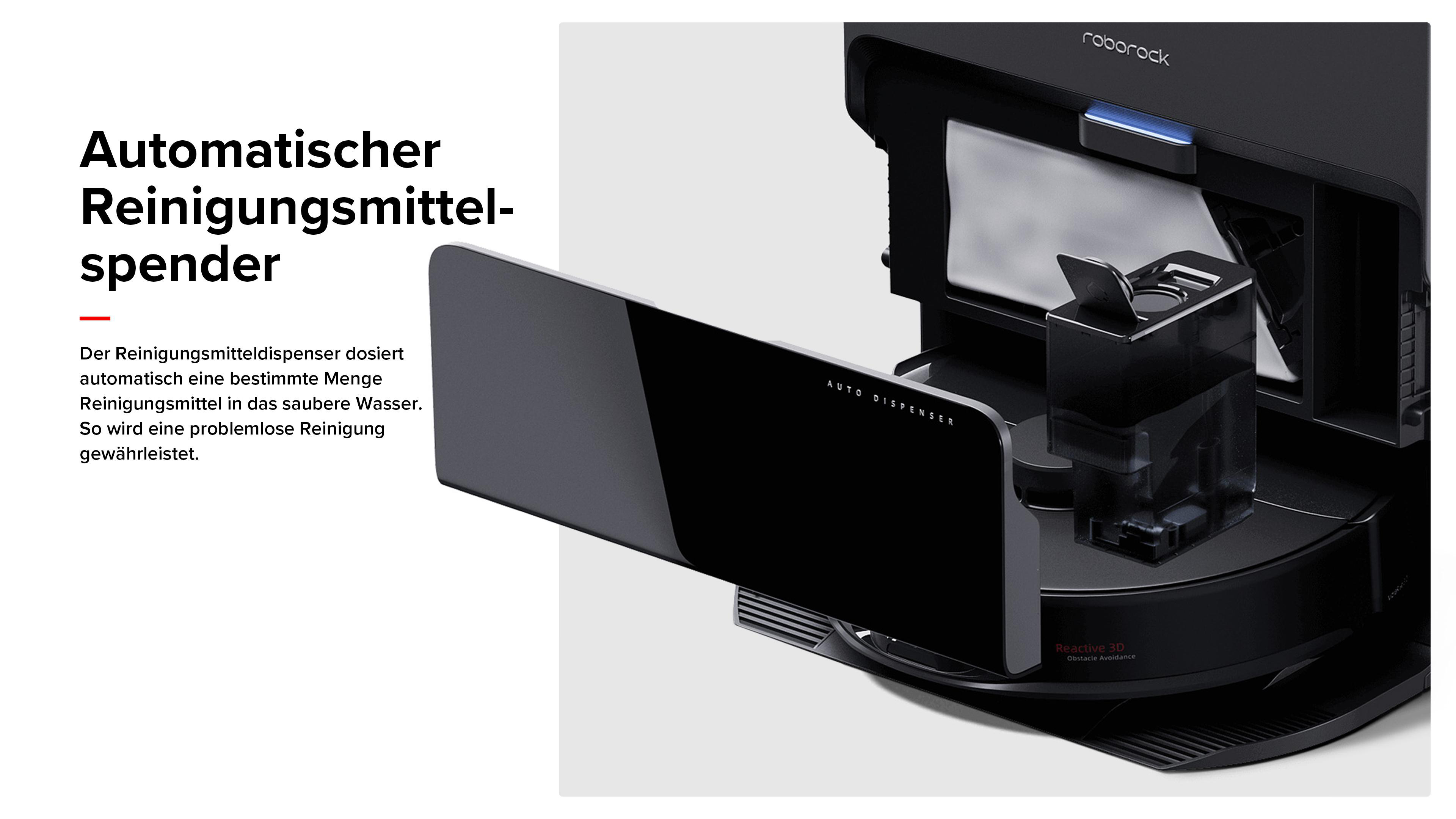 Ein Reinigungsroboter mit offenem Fach. Text: Automatischer Reinigungsmittelspender.