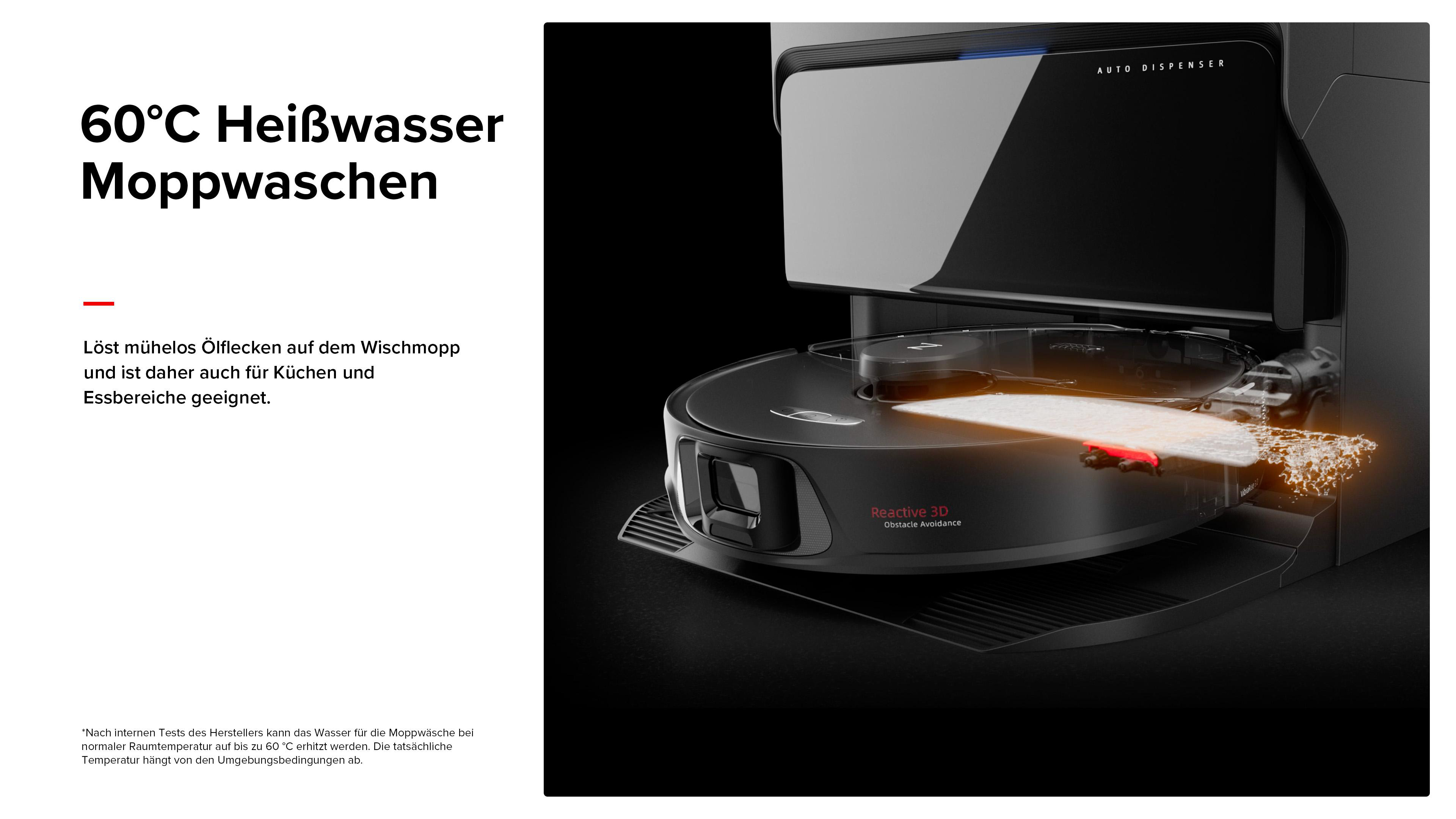 Ein Roboter-Staubsauger mit Wasserspray reinigt einen Boden, mit Text über 60°C heißes Wasser.