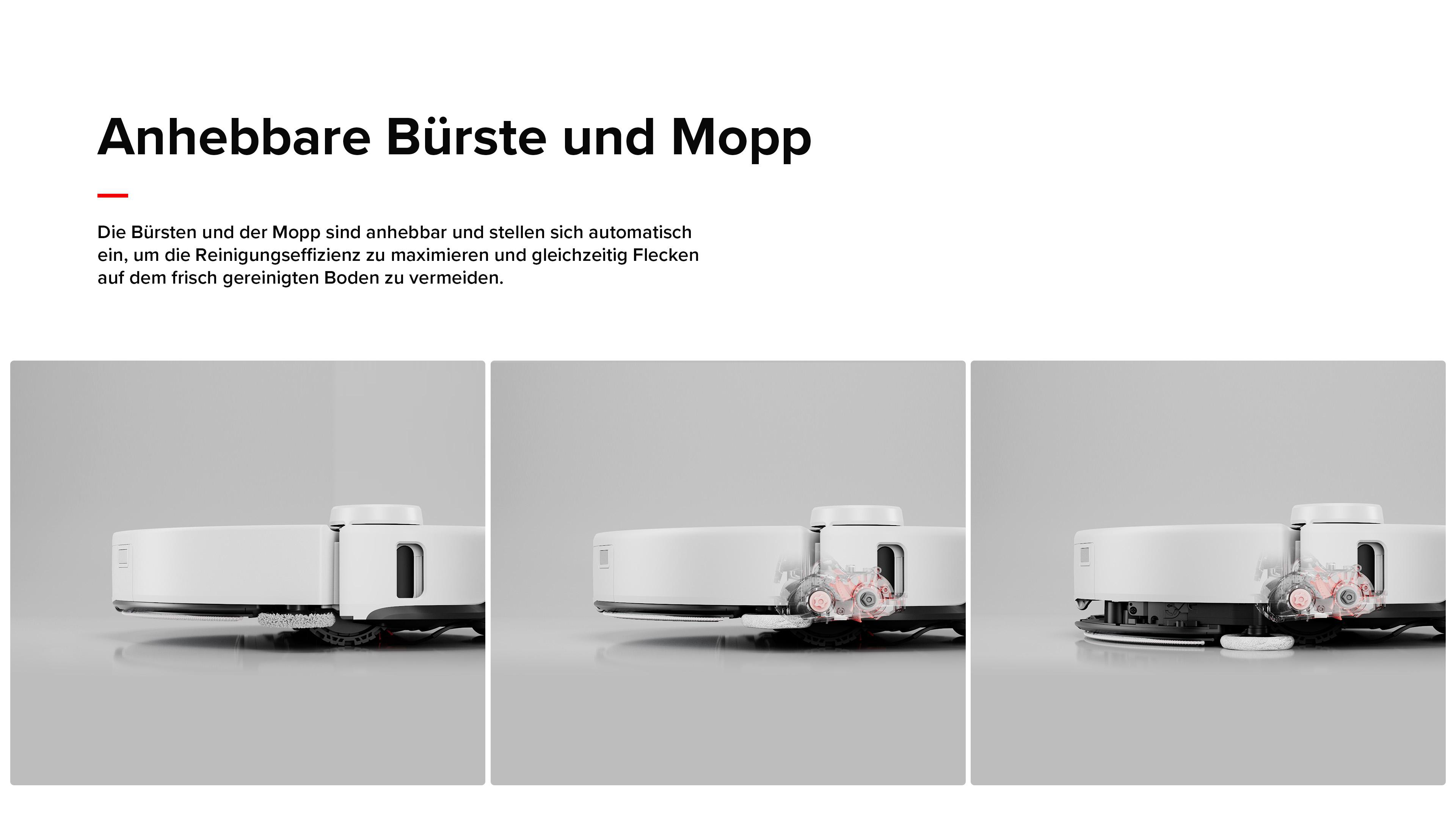 Drei Bilder, die einen Roboter-Staubsauger mit Bürste und Mopp in verschiedenen Positionen zeigen.