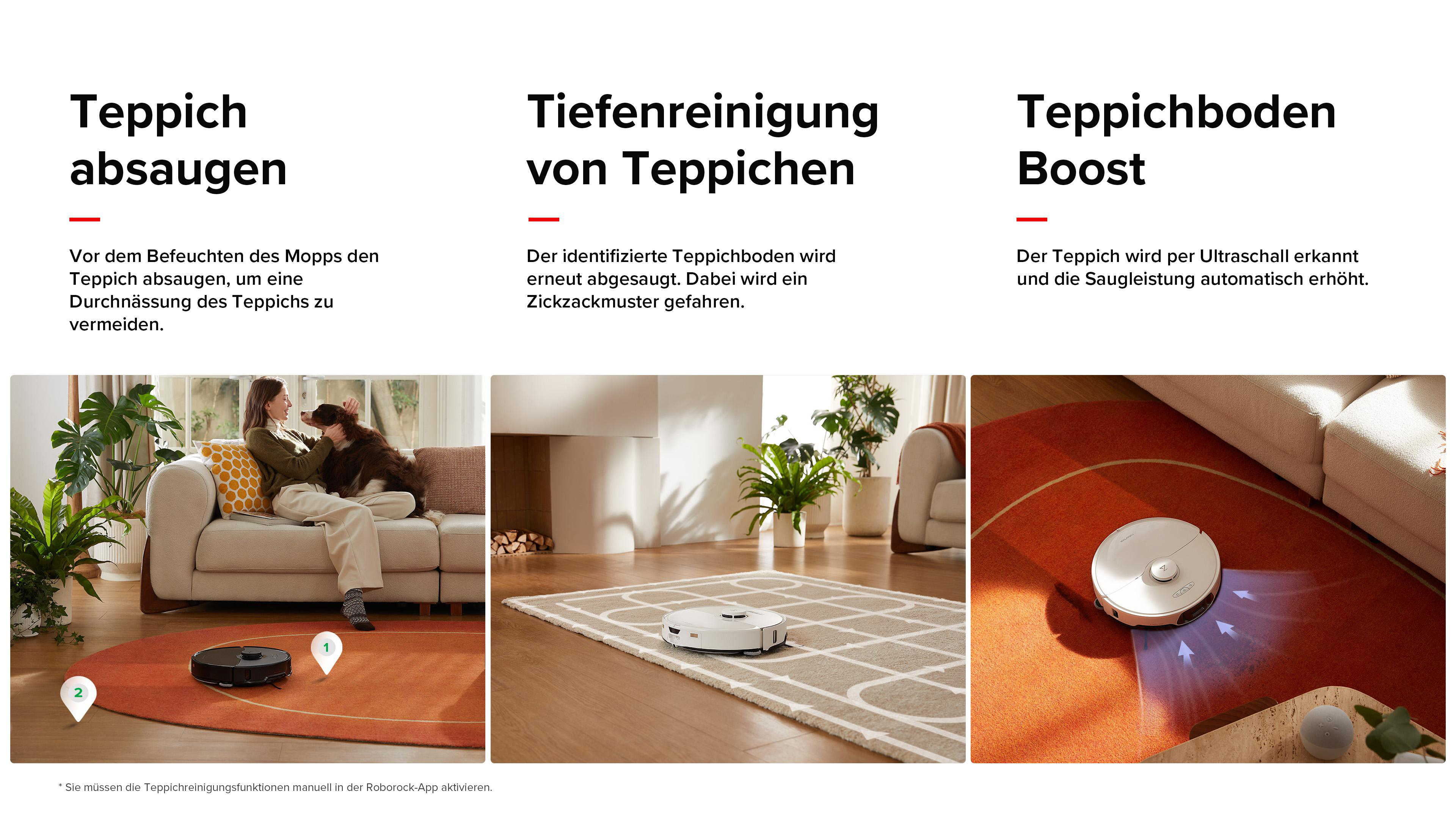 Roboter-Staubsauger reinigt Teppich. Bilder zeigen Reinigungsstufen im Haus.
