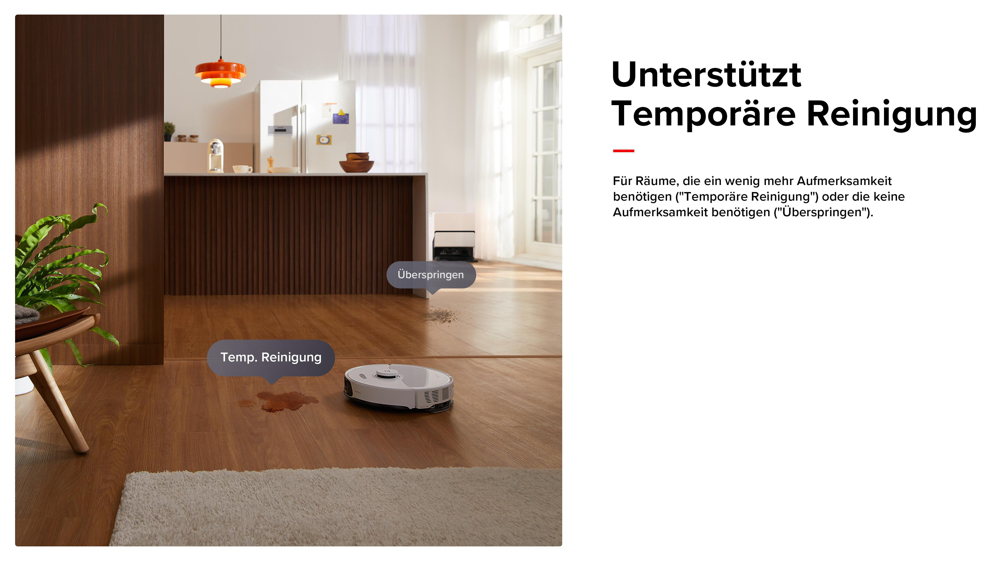 Roboter-Staubsauger auf Holzboden mit weißem Teppich, Text auf Deutsch, Innenszene.