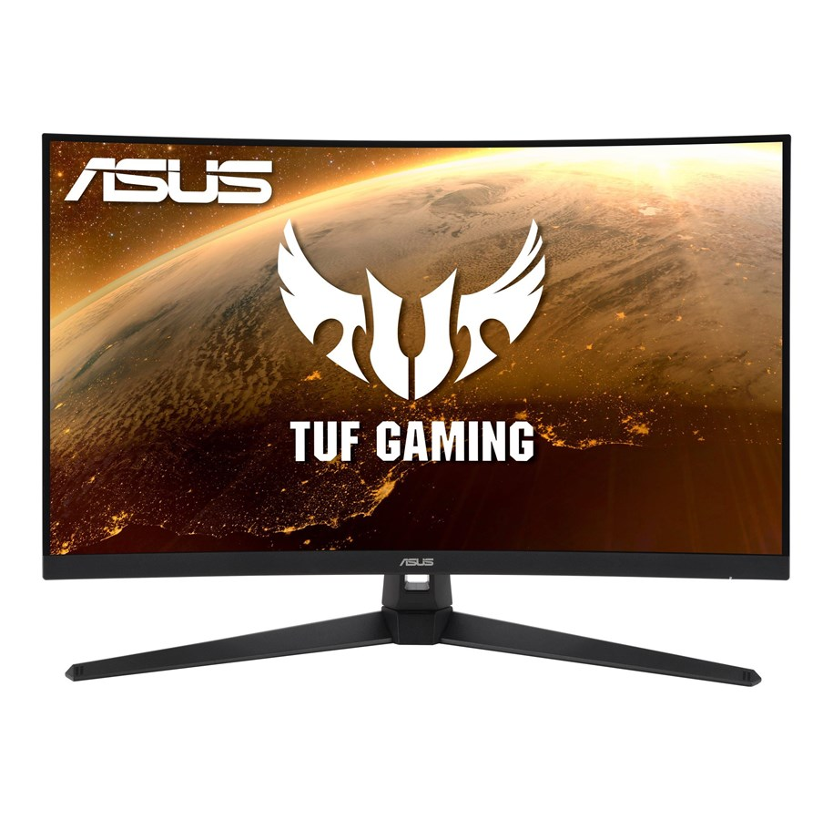 Zakrzywiony monitor ASUS TUF Gaming z logo i widokiem Ziemi w tle.