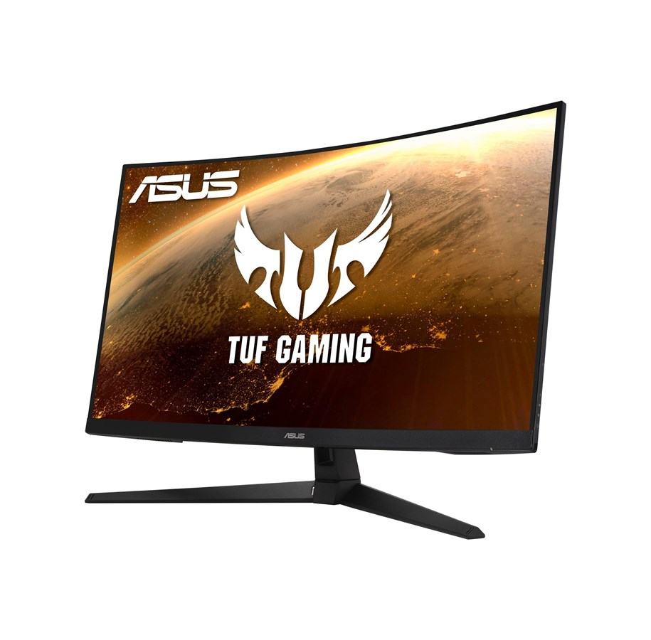 Zakrzywiony monitor do gier ASUS. Ma czarną podstawę i logo TUF GAMING.