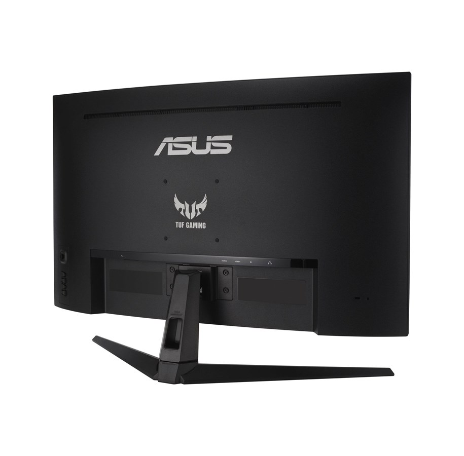 Tył monitora ASUS TUF Gaming, czarny, ze stojakiem i widocznymi portami.