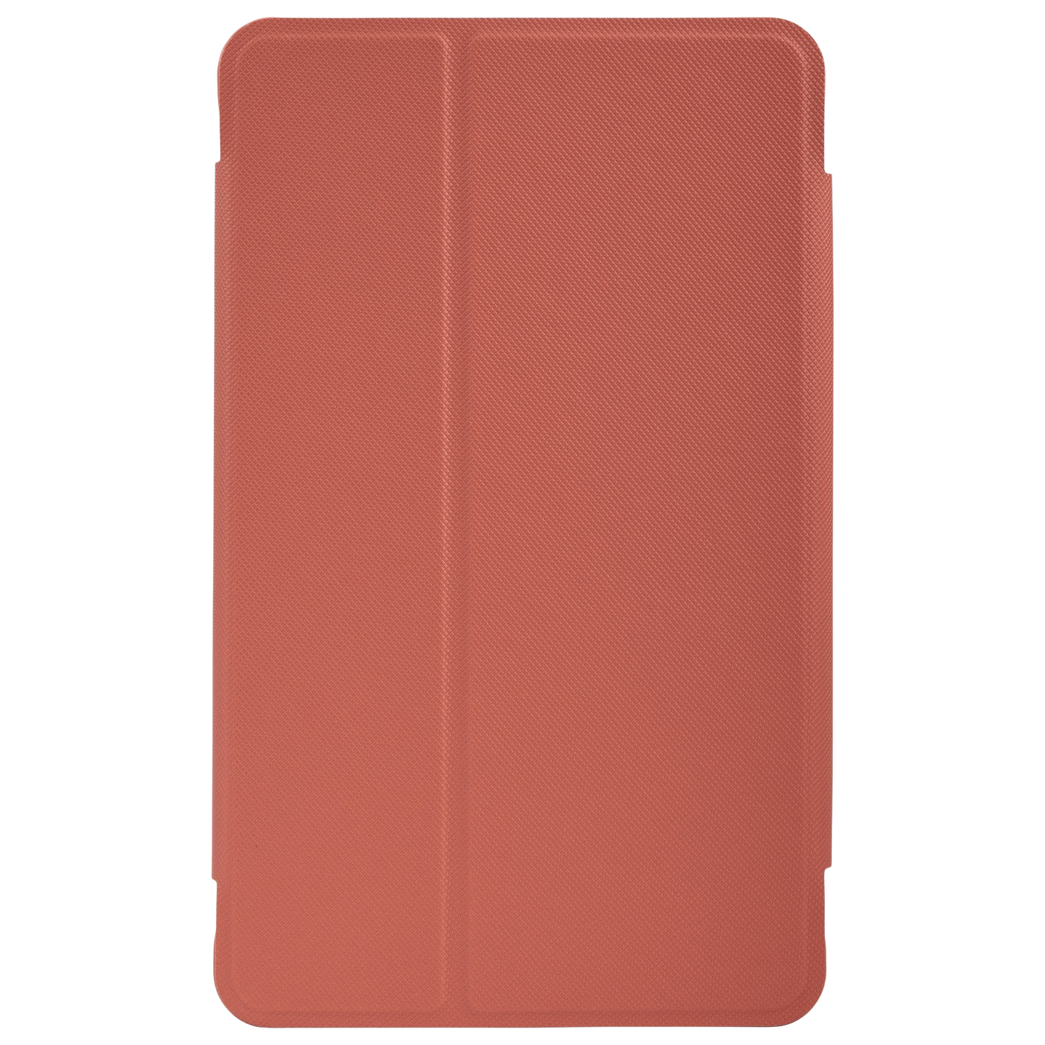 Un étui de tablette fermé de couleur corail, vu d'en haut, sur fond noir.