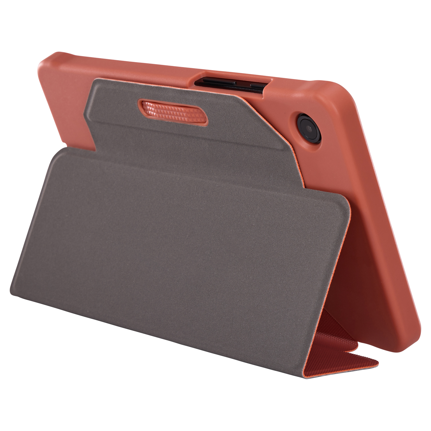 Un étui pour tablette avec un extérieur marron, un intérieur gris foncé et un support.