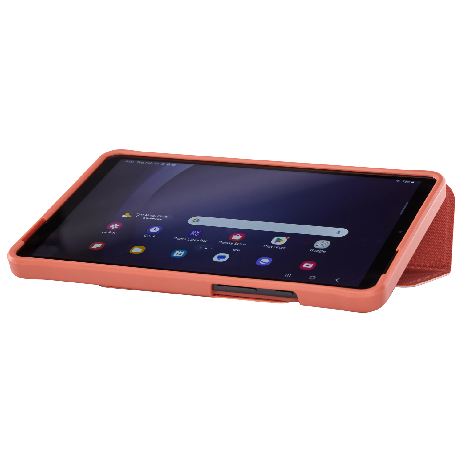 Une tablette dans un étui couleur corail. L'écran est allumé, affichant un écran d'accueil.