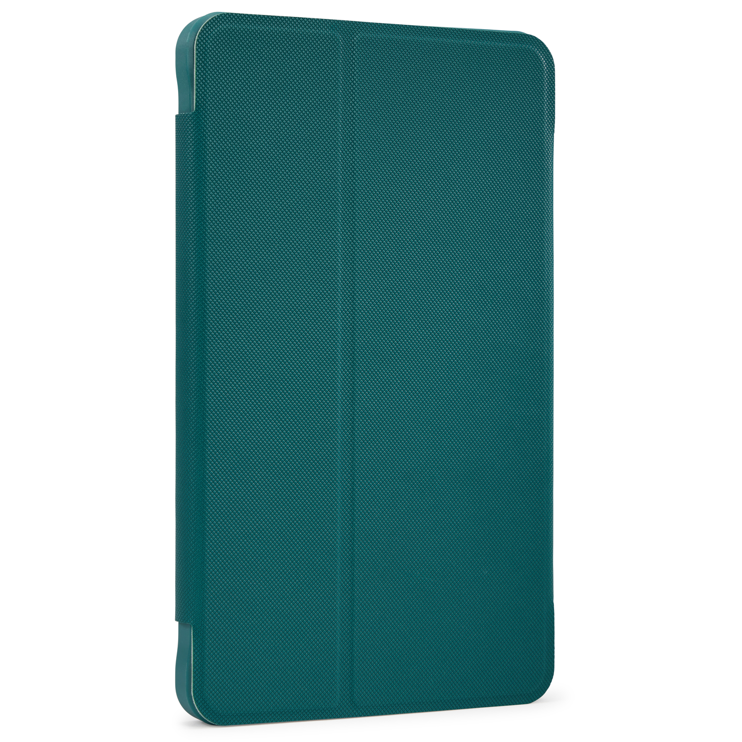 Une coque de tablette de couleur sarcelle, fermée, sur fond blanc.