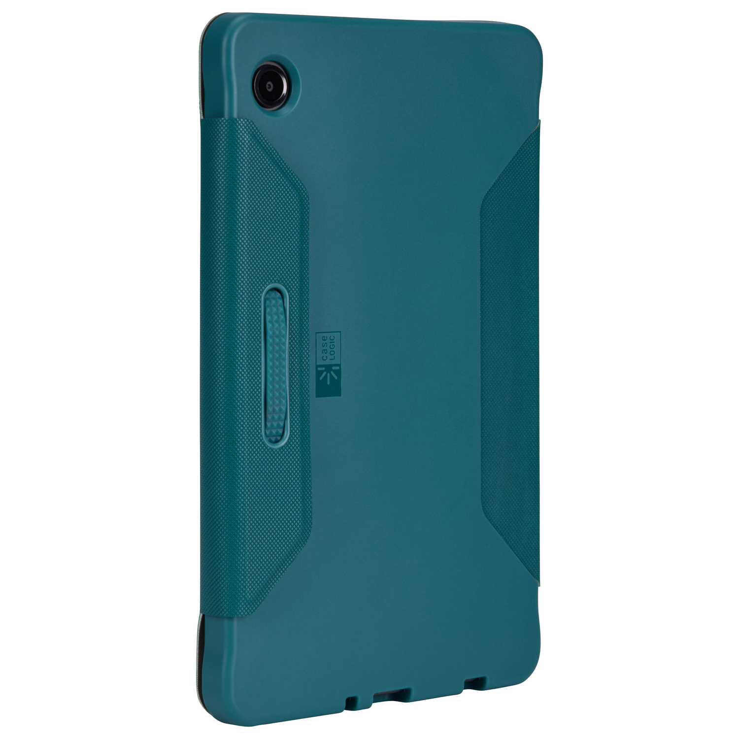 Étui de tablette bleu-vert avec bord noir et découpe pour l'objectif de la caméra.