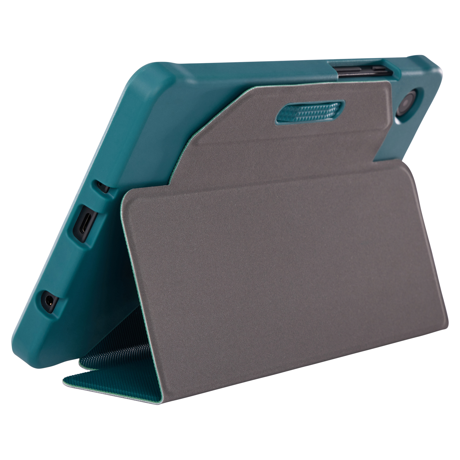 Une tablette bleu sarcelle dans un étui gris et bleu sarcelle, ouverte en position verticale.