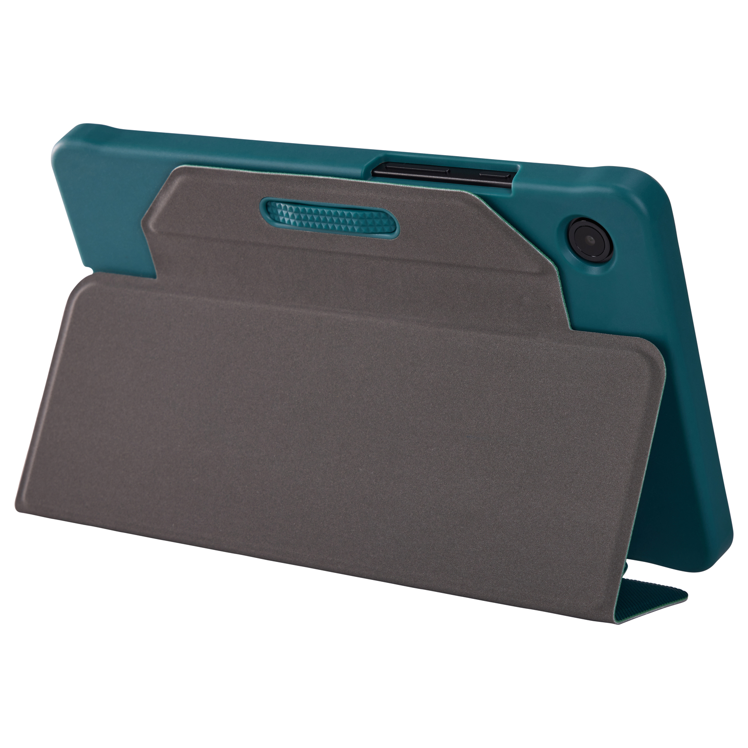 Une tablette avec une coque grise en position de support. Elle a un dos vert et une caméra en haut.