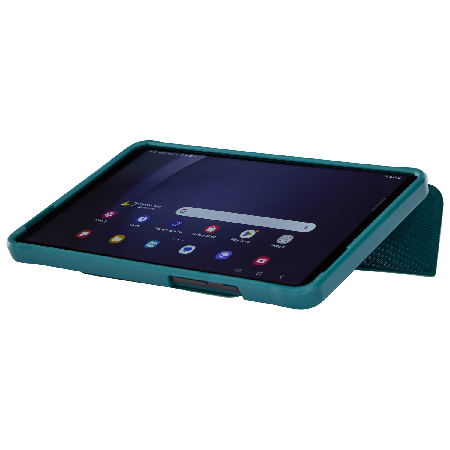 Une tablette turquoise avec un étui et un écran affichant un écran d'accueil.