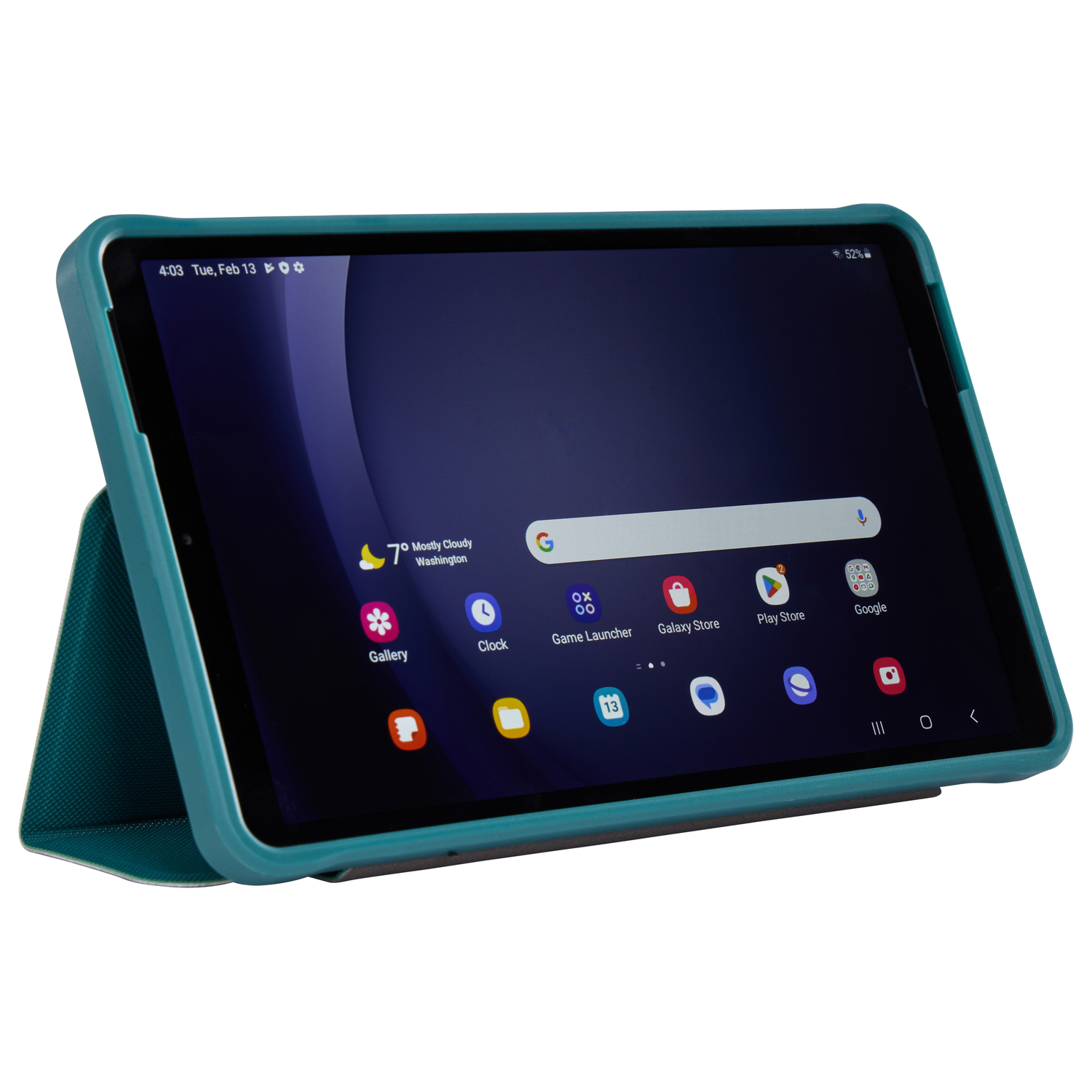 Une tablette sarcelle dans un étui sarcelle, affichant un écran d'application.