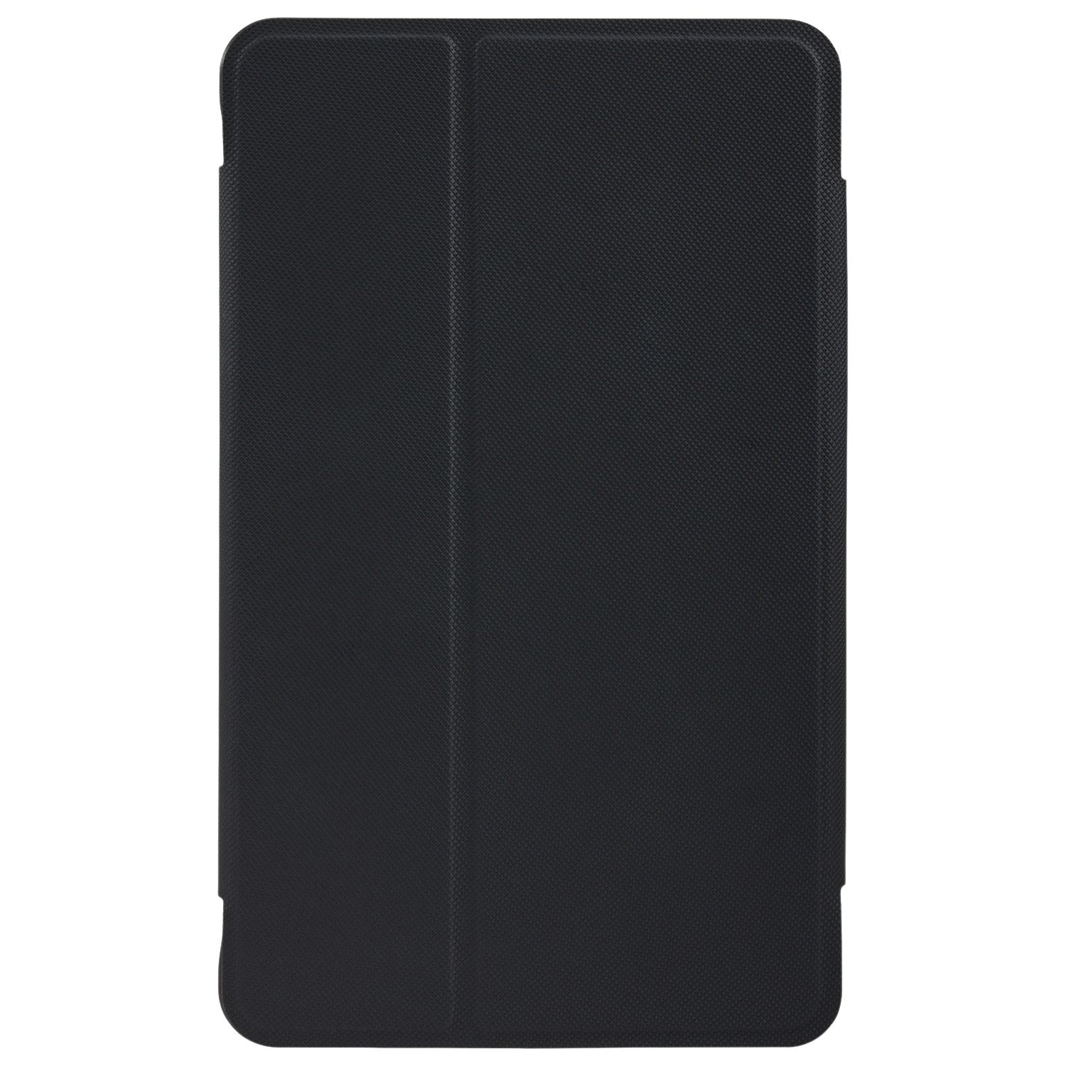 Étui de tablette noir. Fermé, avec surface texturée. Fond noir.