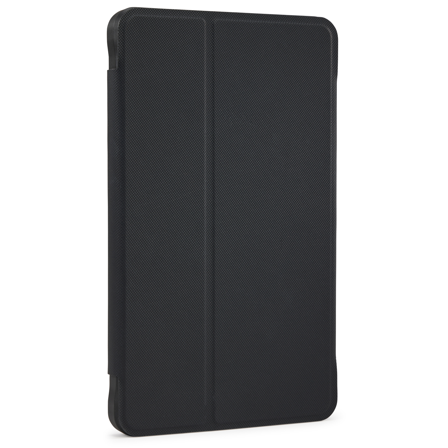 Étui de tablette noir avec une surface texturée et un rabat de couverture.