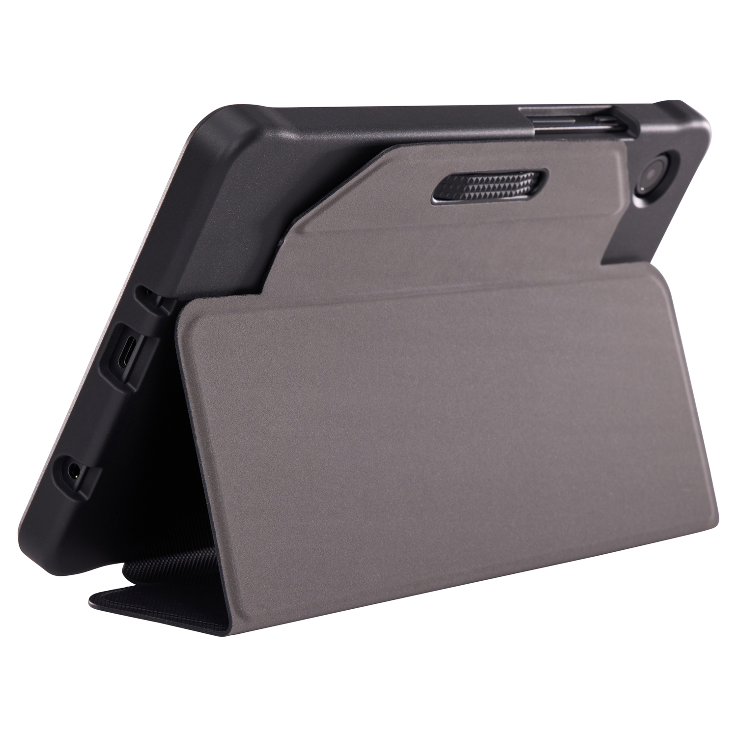 Une tablette dans un étui de protection, couvercle gris ouvert sur le côté.