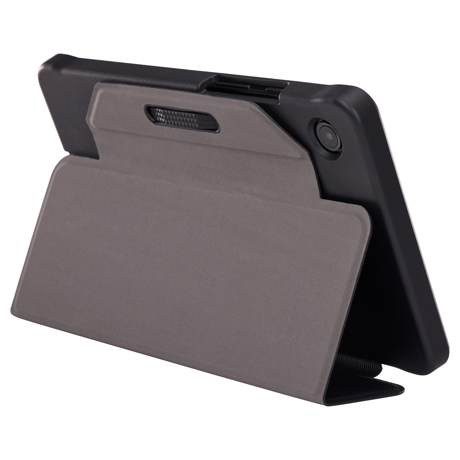 Une tablette dans un étui, calée. L'écran est sombre. Le dos de l'étui et de la tablette sont visibles.