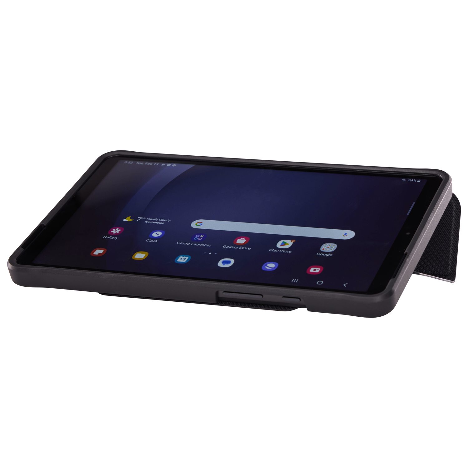 Tablette noire dans un étui, écran affichant un écran d'accueil avec des icônes d'applications.
