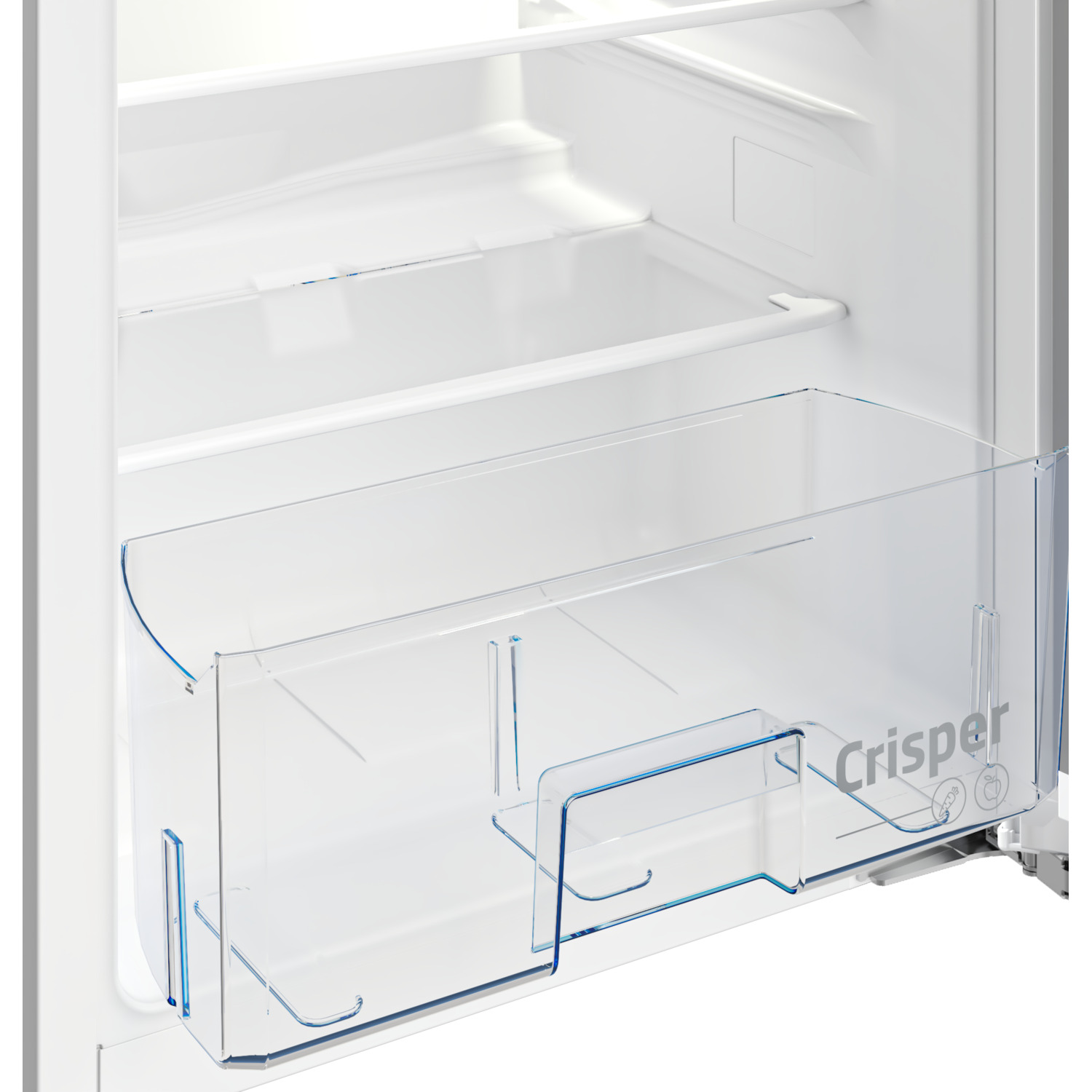 A transparent crisper drawer in a refrigerator. The word Crisper is visible.