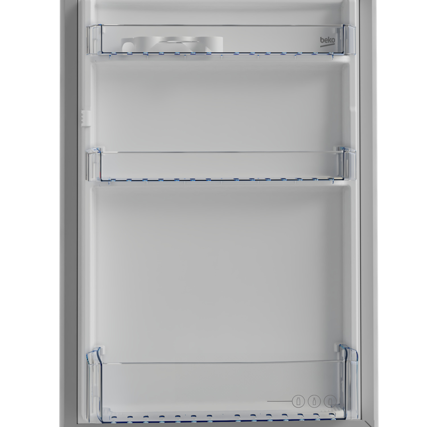 Empty white refrigerator interior with shelves. Beko logo visible.