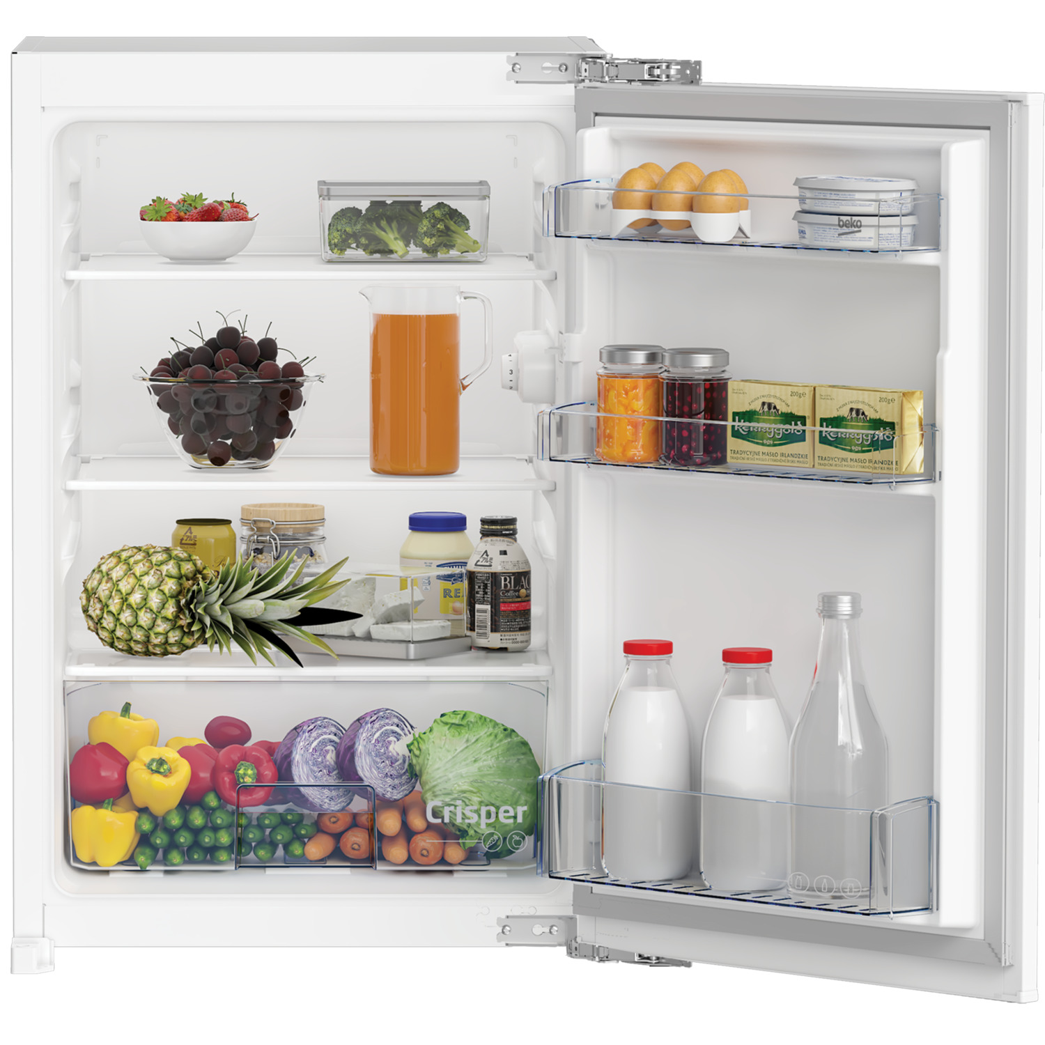 An open refrigerator with fruits, vegetables, eggs, and drinks inside.