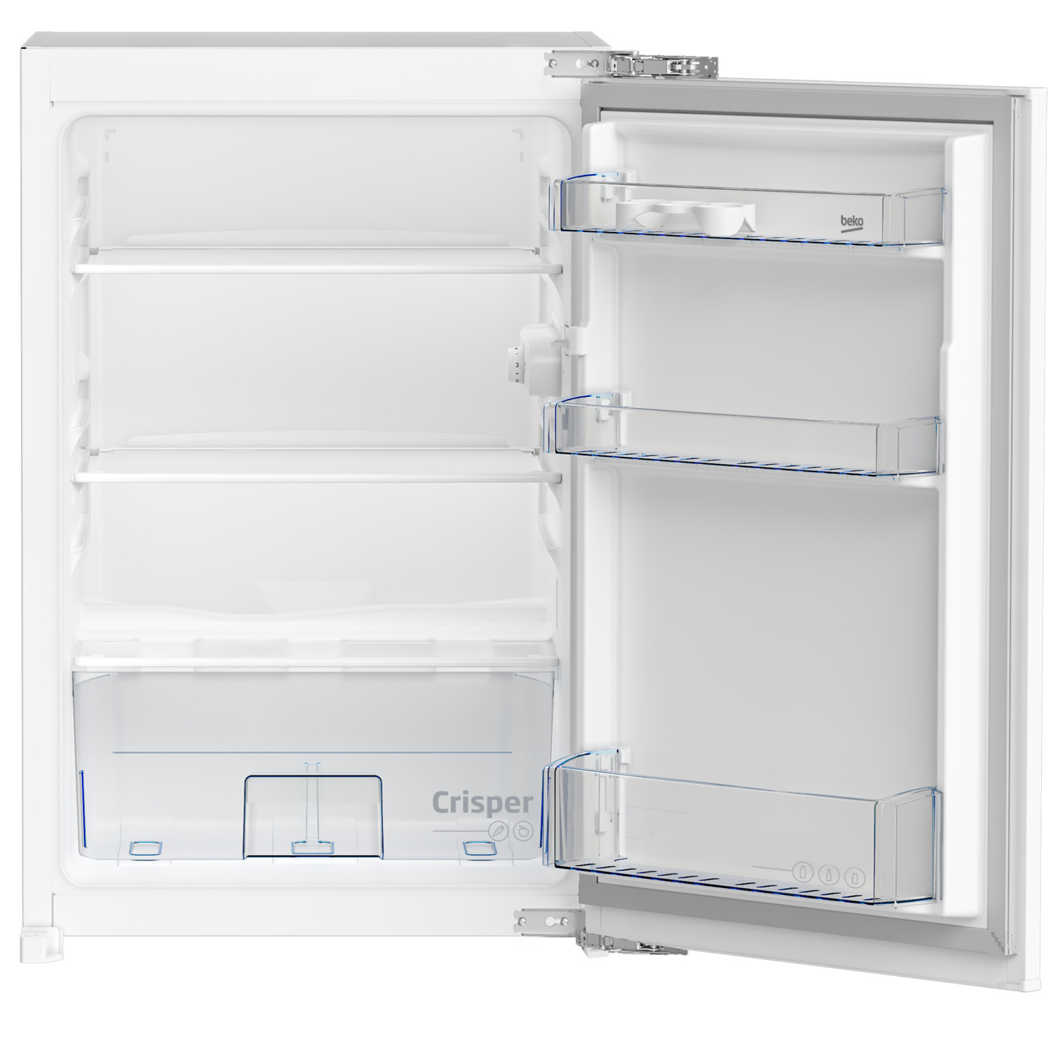 A white refrigerator with the door open. Inside are shelves and crisper drawers.