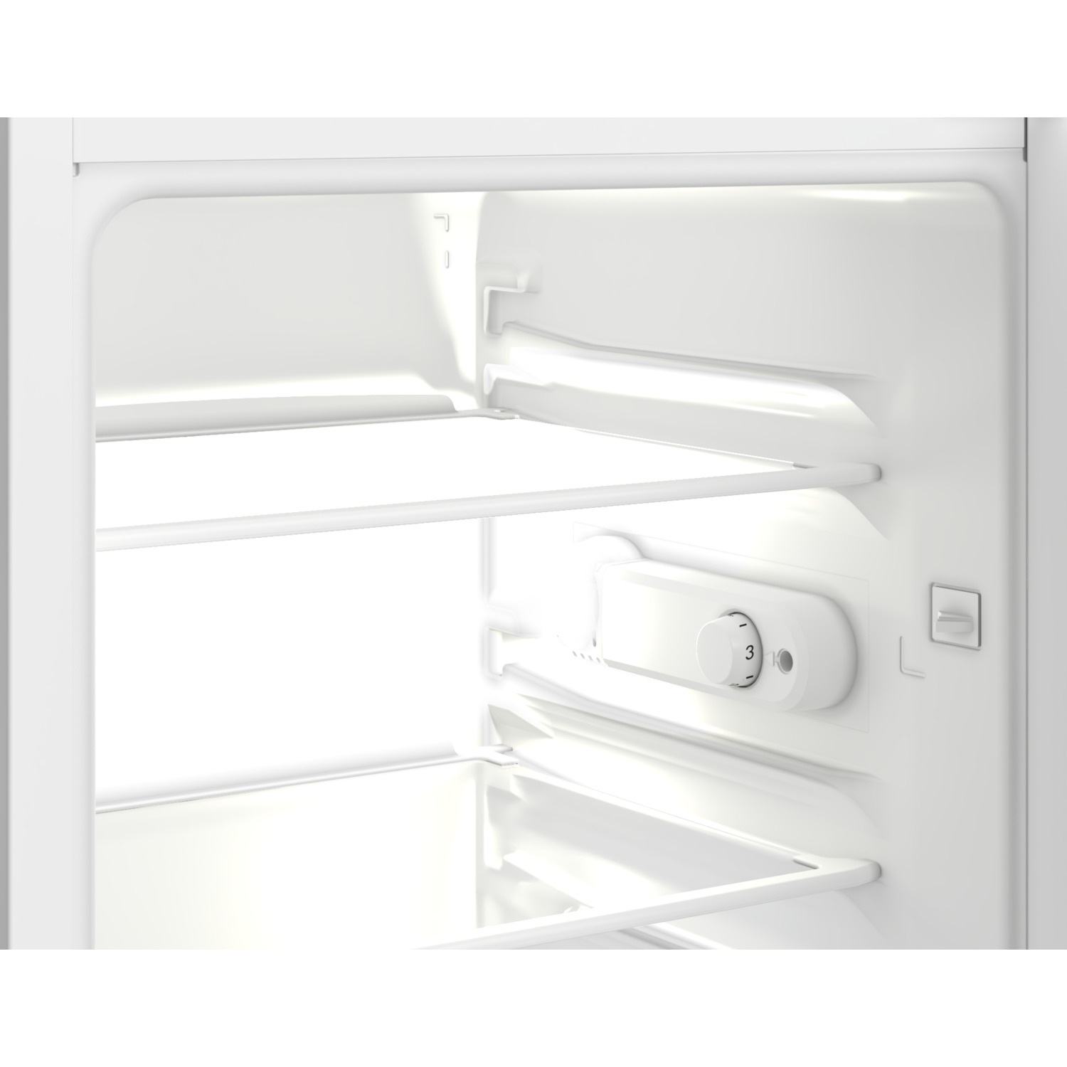 Inside a white refrigerator with shelves, a dial and door rack are visible.