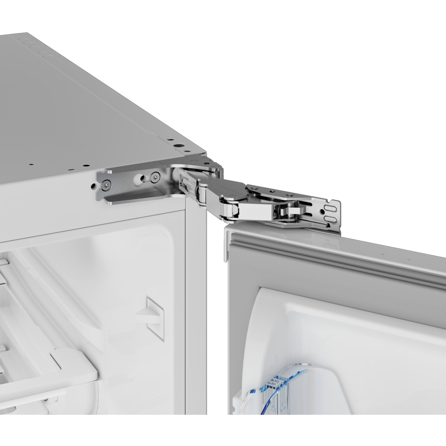Refrigerator hinge, open door, white interior.