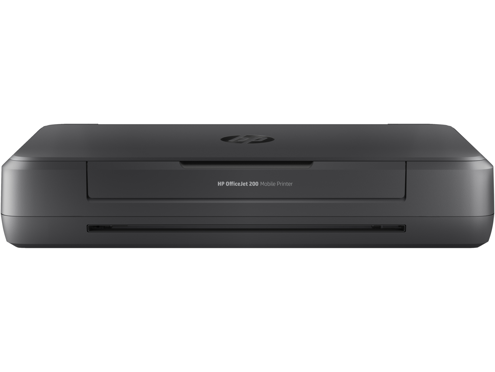 Impresora móvil negra HP OfficeJet 200. Vista frontal, centrada en un fondo negro.