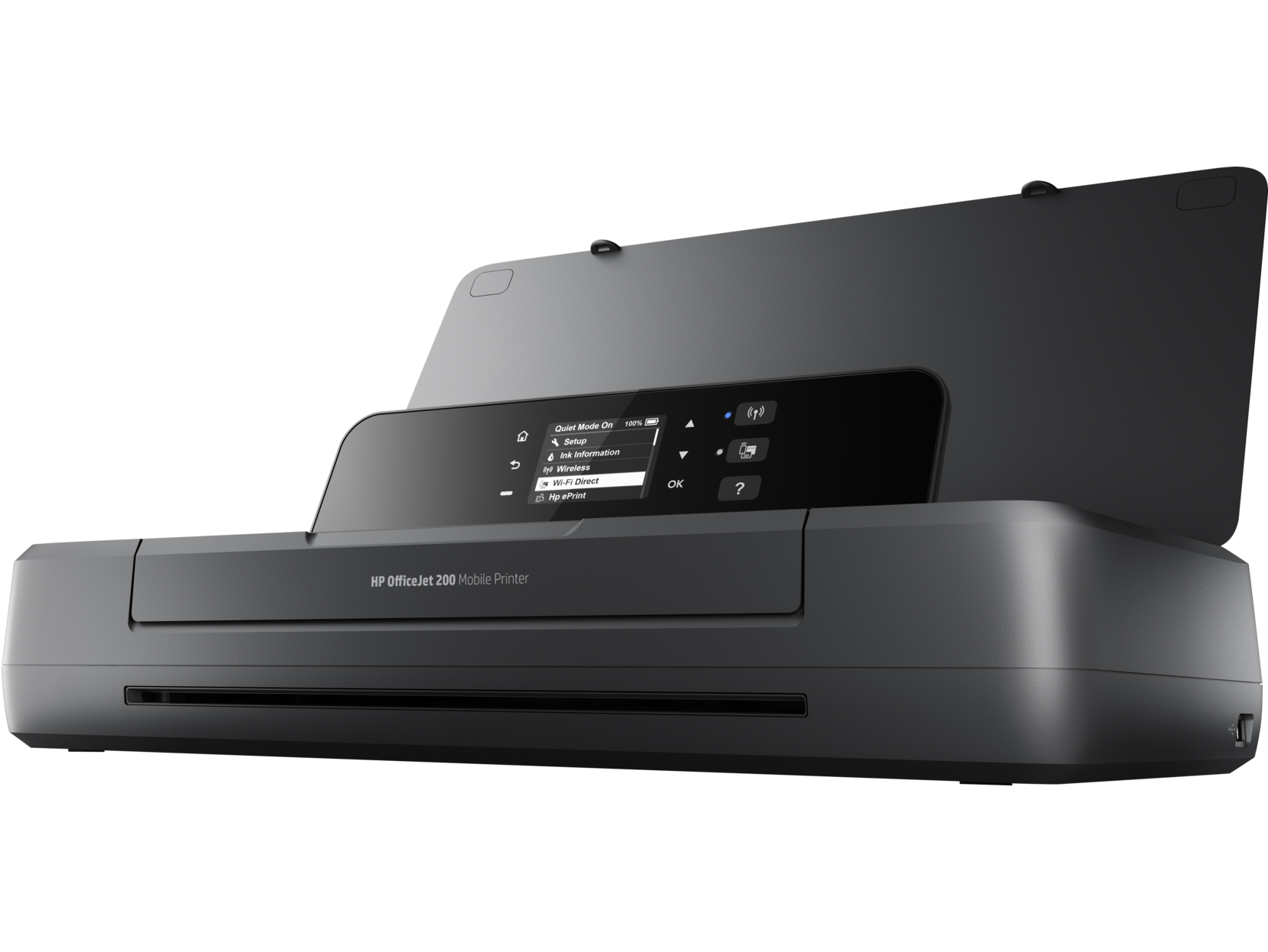 Se muestra una impresora móvil HP OfficeJet 200, mostrando su panel de control.