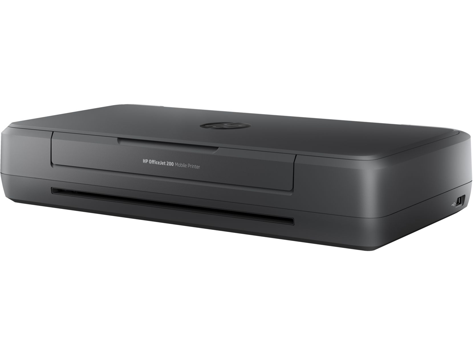 Una impresora móvil HP OfficeJet 200 negra y rectangular, vista desde arriba.