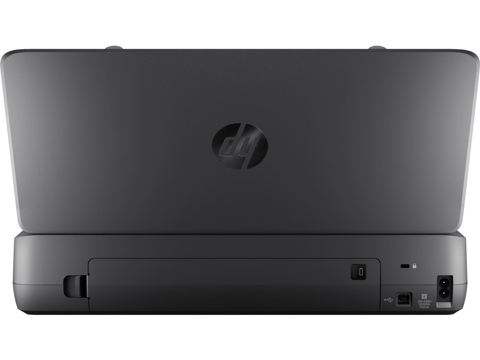 Vista superior de una impresora gris con logo HP, mostrando puertos y entrada de energía.