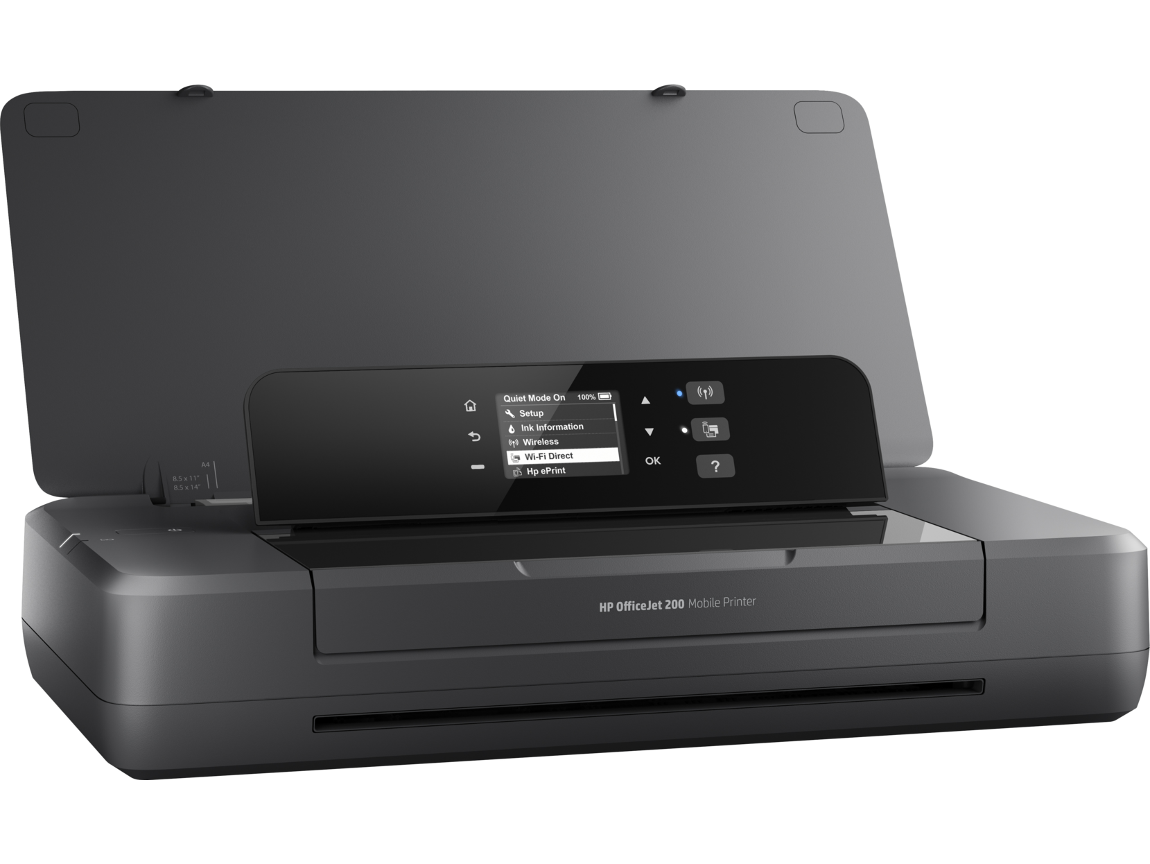 Impresora móvil HP OfficeJet 200 negra, abierta, mostrando el panel de control y el área de alimentación.