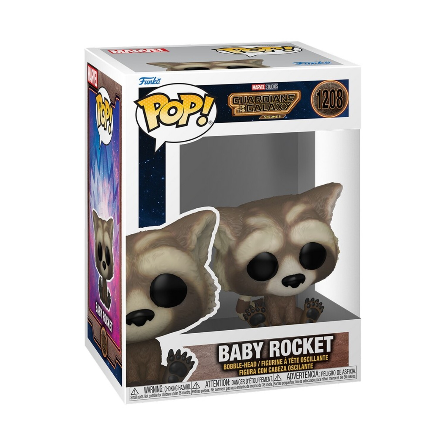 A Baby Rocket Funko Pop figure in a box. The figure is brown and white.
