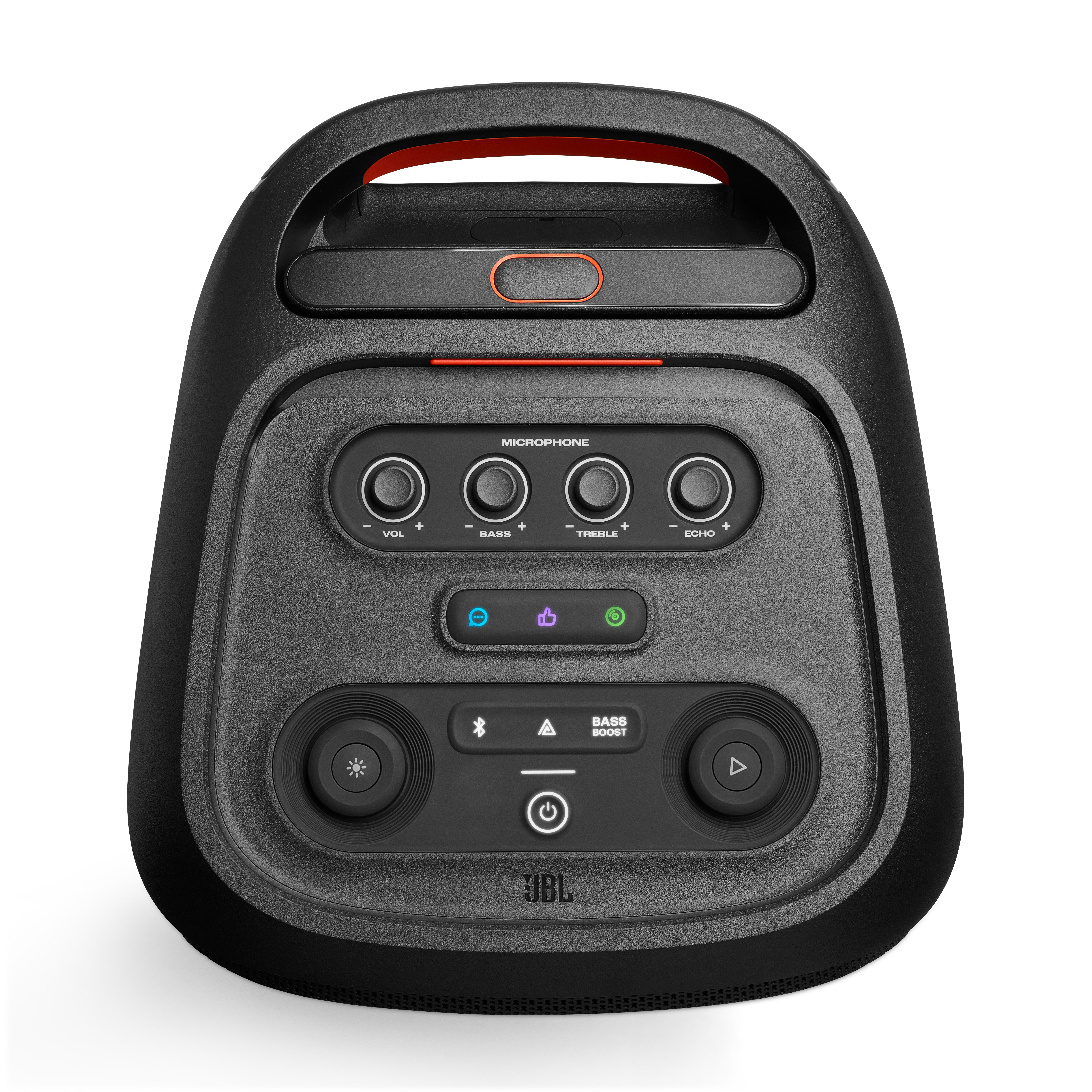Schwarzer JBL-Lautsprecher mit Bedienelementen, Griff und JBL-Logo.