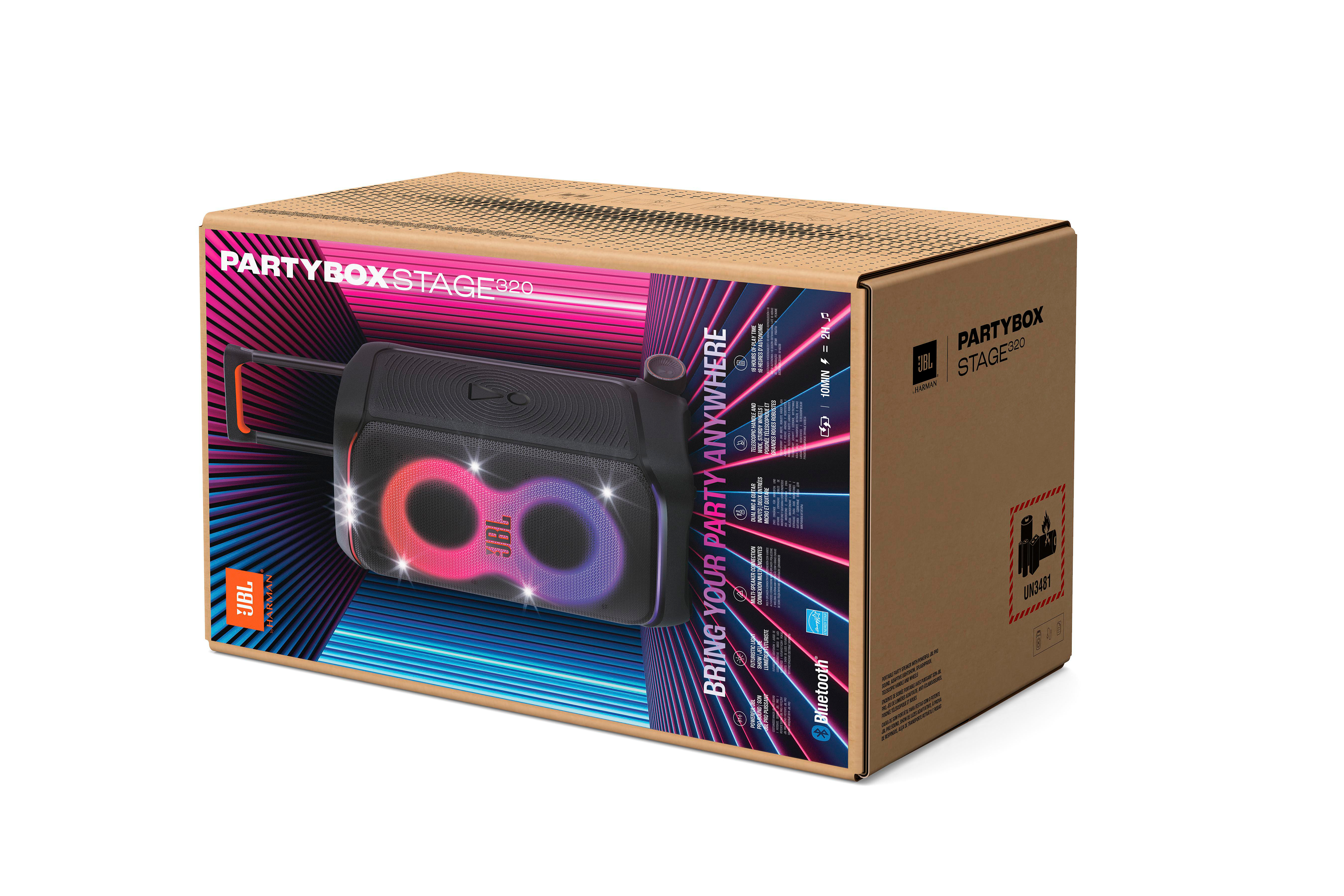 JBL PartyBox Stage 320 Lautsprecher in einem braunen Karton, mit einem schwarzen Lautsprecher und bunten Lichtern.