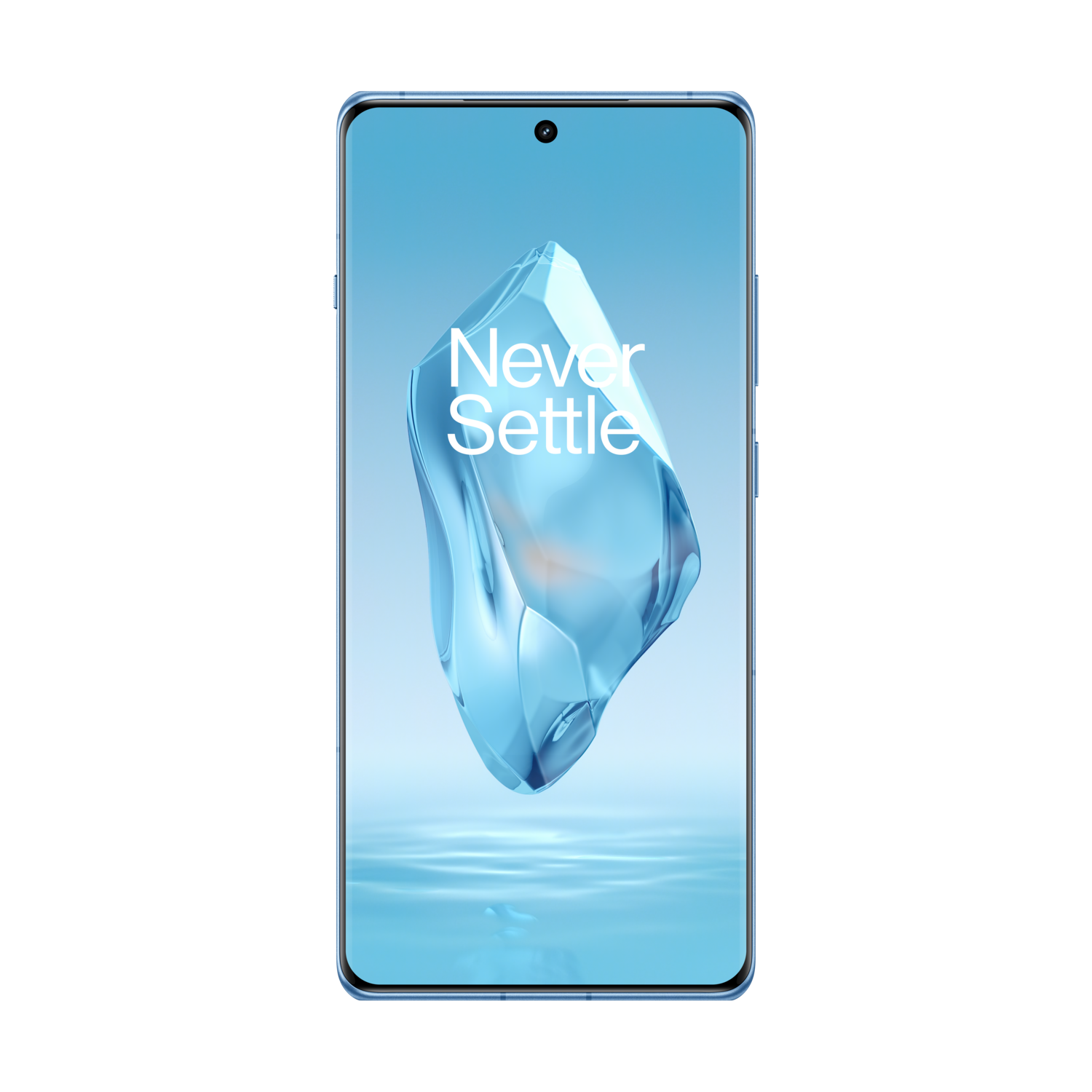 Smartphone met blauw scherm. Het scherm toont een blauwe abstracte vorm met de tekst "Never Settle".